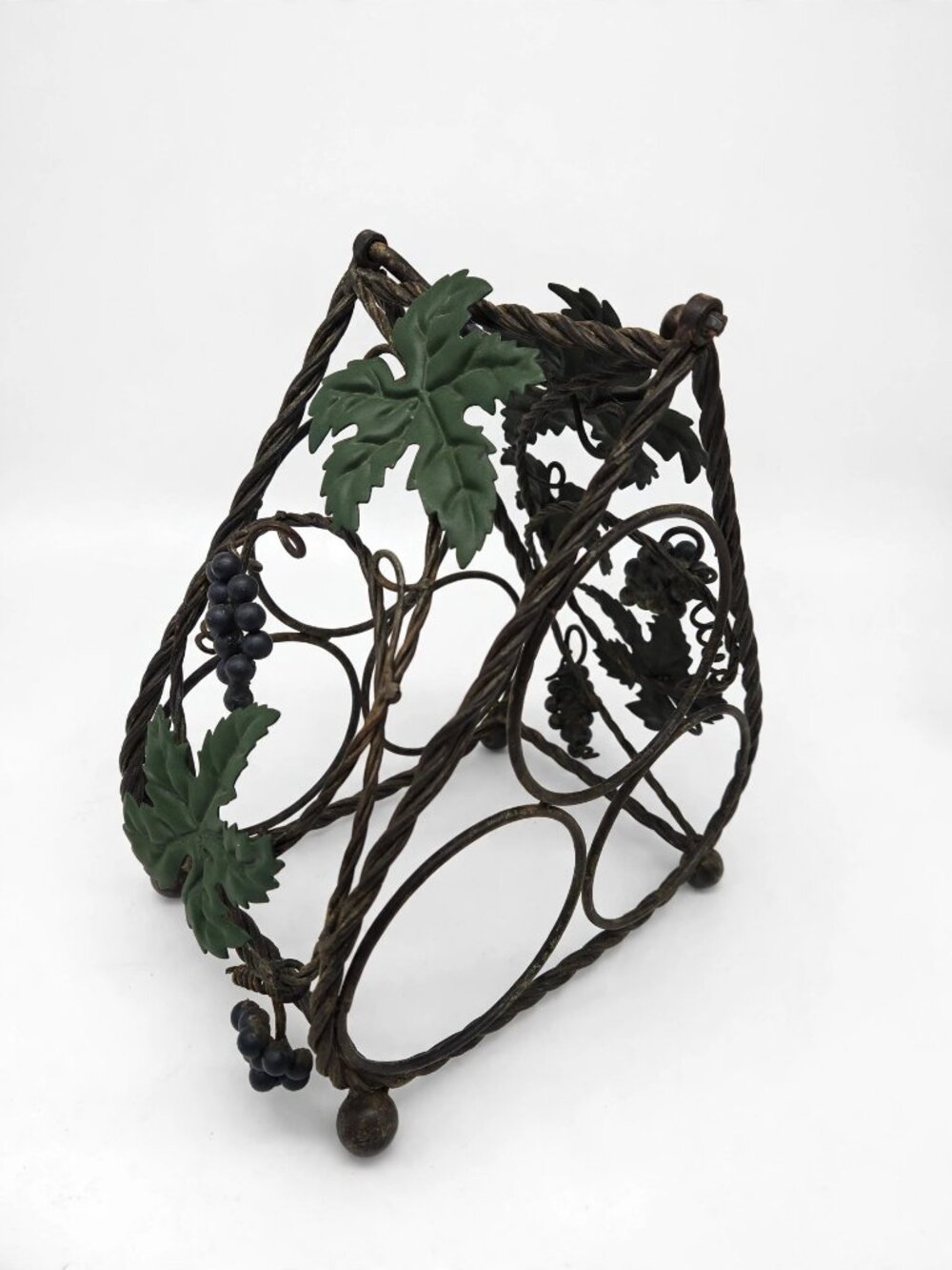 Vintage Wrought Iron Wine Rack Grapevine Leaves Grape Clusters 3-Bottle